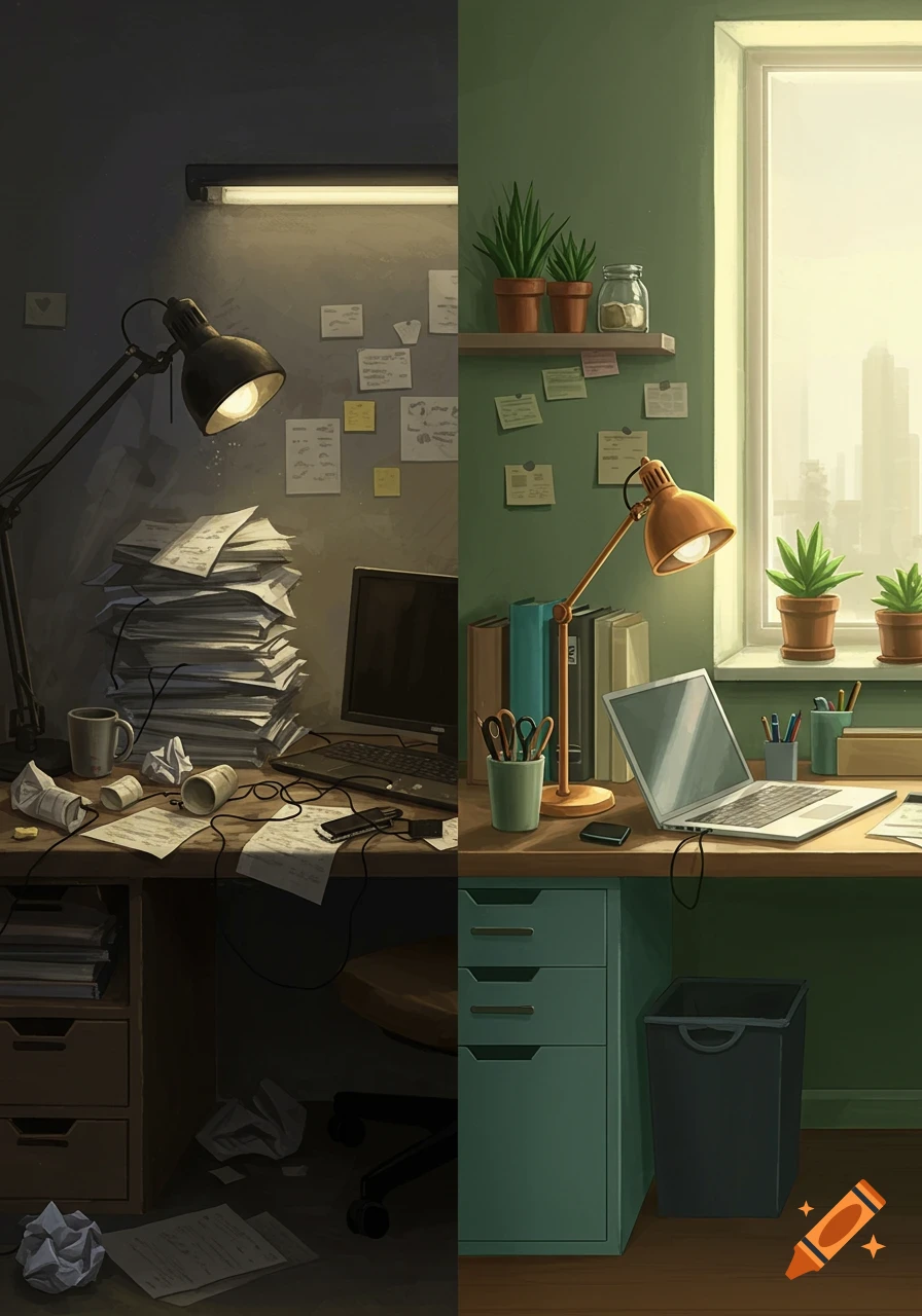 An illustration of a desk split into two contrasting halves: a messy, dimly lit workspace on the left and a neat, bright one on the right.