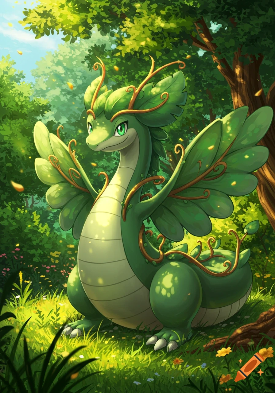 A cute green leaf dragon with wings sitting in a sunny, vibrant forest, in an anime style.