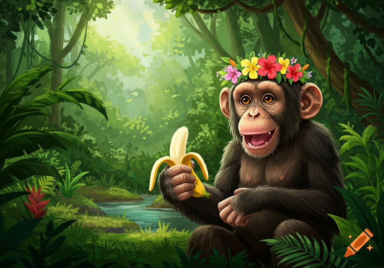 A happy chimpanzee wearing a colorful flower crown sits in a lush green jungle, holding a peeled banana.