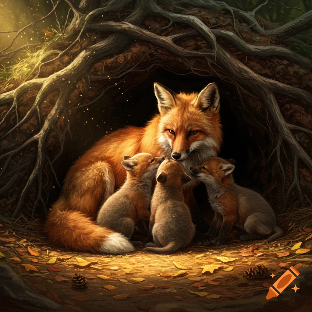 A red fox mother nuzzles her three kits inside a sunlit den formed by tree roots, with fallen leaves on the ground.