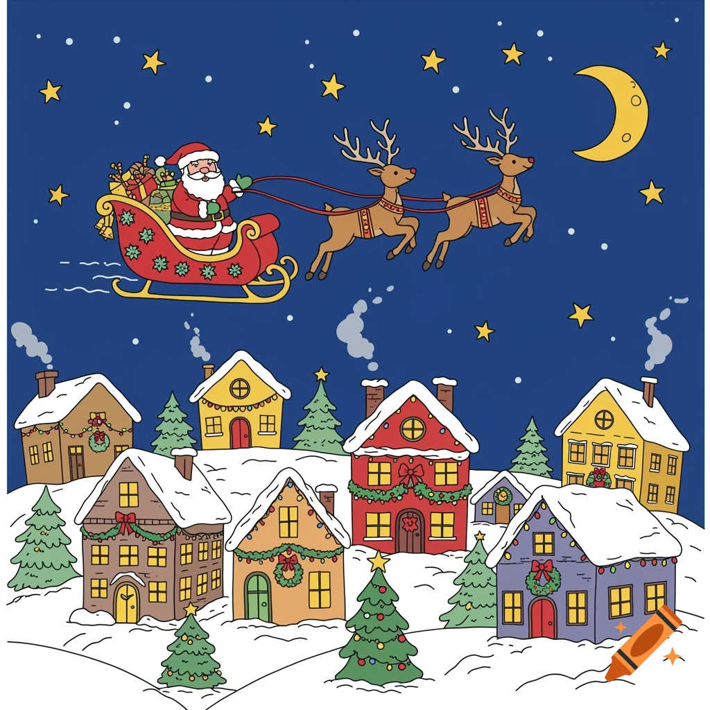 Cartoon illustration of Santa Claus in his sleigh pulled by two reindeer flying over a snowy village with Christmas decorations at night.