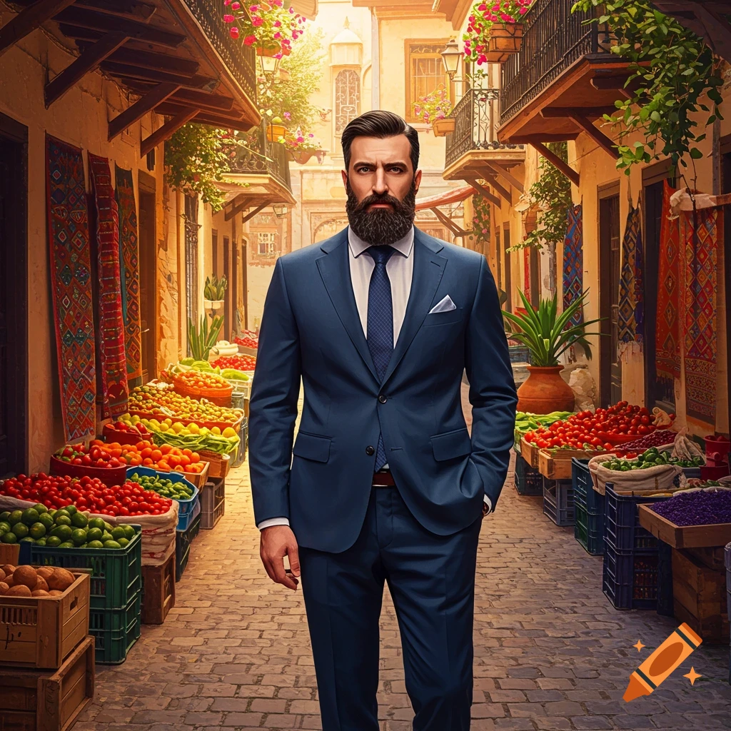 A bearded man in a blue suit stands confidently in a vibrant, photorealistic outdoor marketplace filled with fresh produce.
