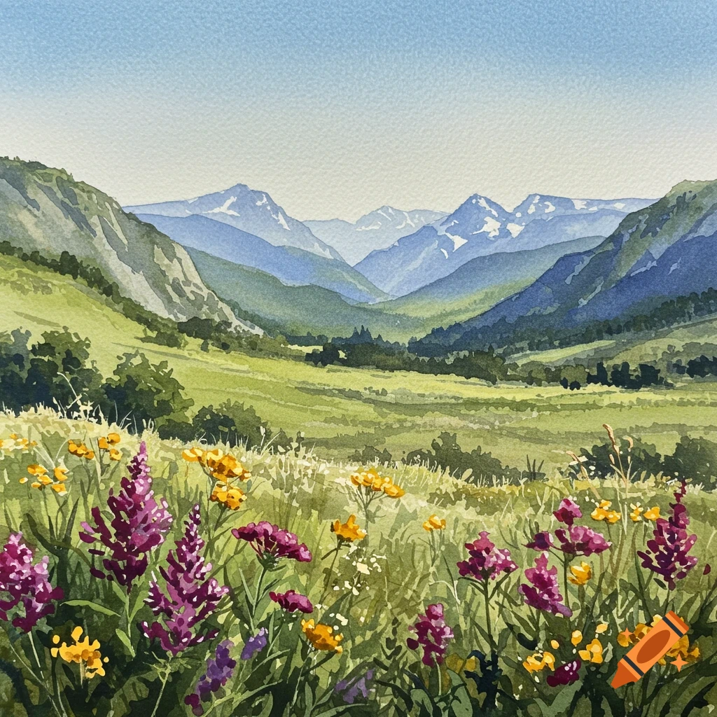 A vibrant watercolor painting of a lush green valley with purple and yellow wildflowers in the foreground and blue mountains in the background.