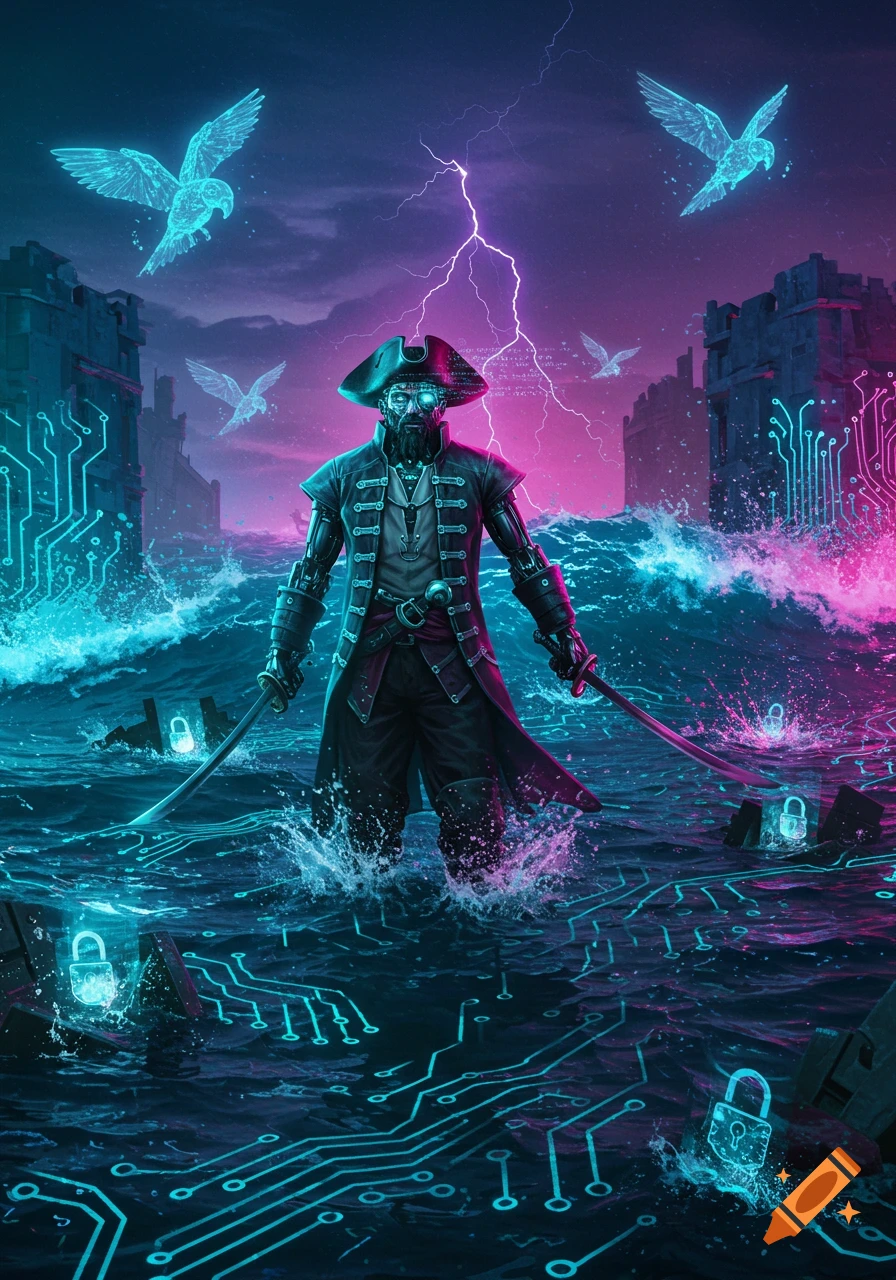 A neon cyborg pirate stands in a glowing circuit-board sea amidst stormy skies with lightning and futuristic castle ruins.