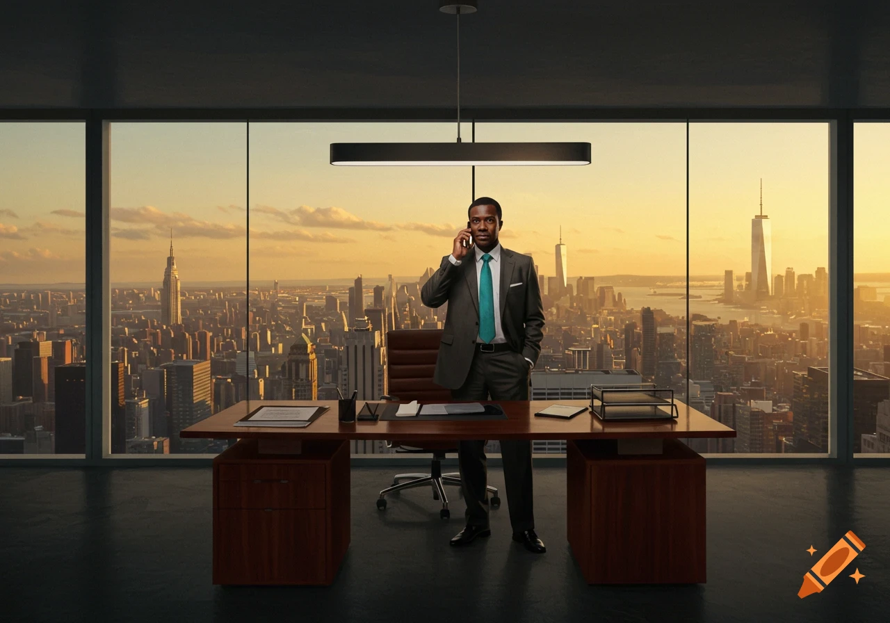 A Black man in a suit stands in a modern office with a panoramic city view at sunset, talking on a phone. A large wooden desk is in front of him.