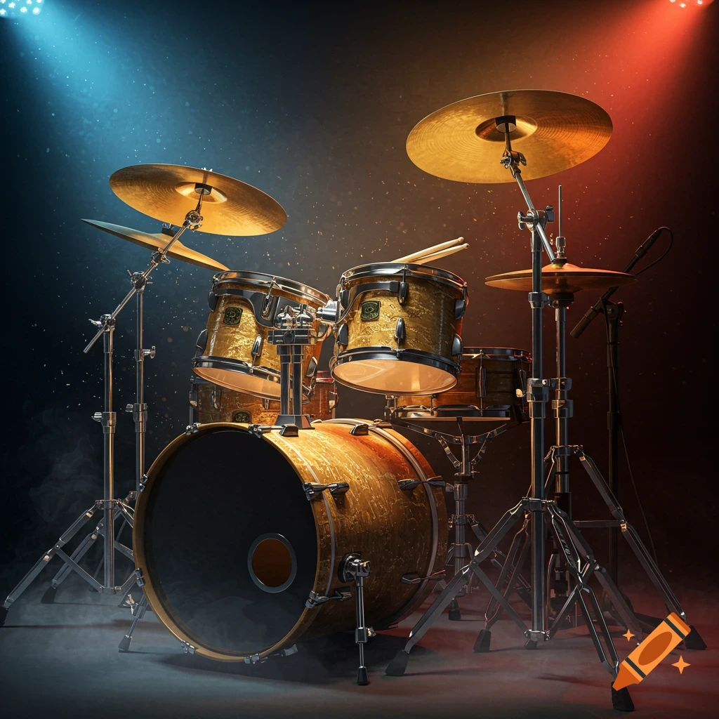 A close-up, photorealistic image of a golden drum kit illuminated by blue and red stage lights on a dark background.