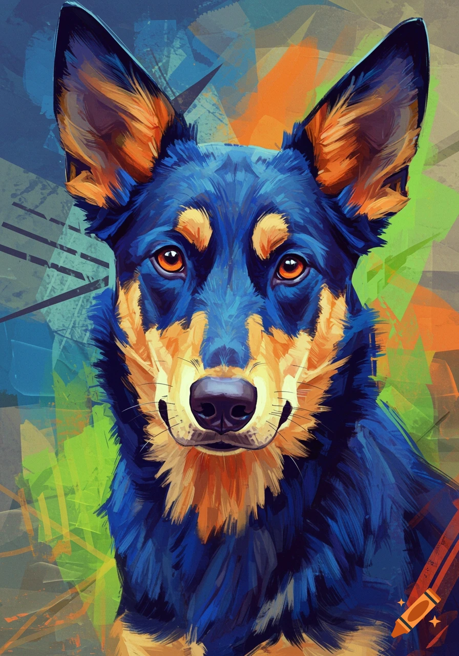 Abstract painting of a dog's head with blue, orange, and yellow fur, set against a colorful, abstract background.