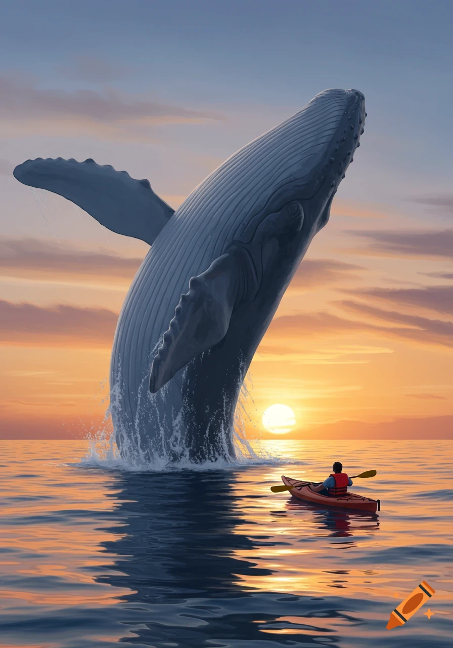 A large whale breaches from the ocean next to a person in a red kayak at sunset.
