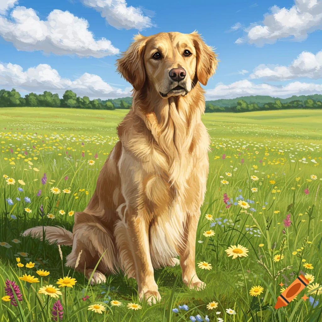 A golden retriever dog sits attentively in a sunny green field filled with colorful wildflowers under a bright blue sky.