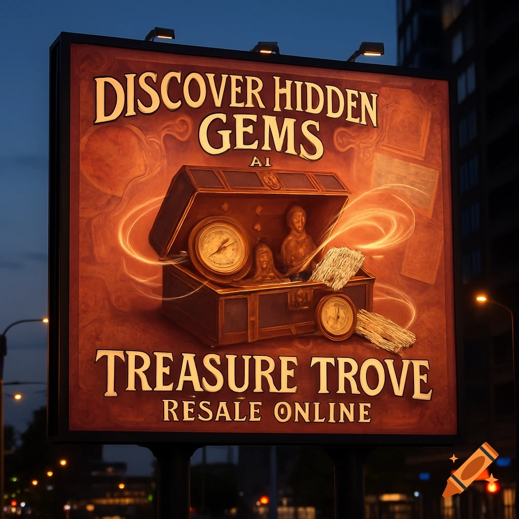 An illuminated billboard at night advertises an online resale store named 'Treasure Trove', encouraging viewers to 'Discover Hidden Gems'. An open treasure chest filled with vintage items is featured.
