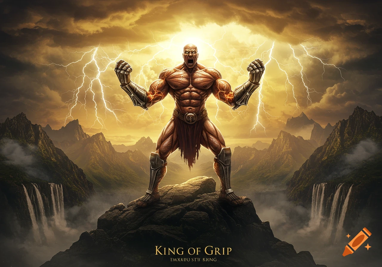 A powerful, muscular bald man with glowing skin stands on a mountaintop, raising his fists as lightning strikes around him in a dramatic fantasy setting with waterfalls.
