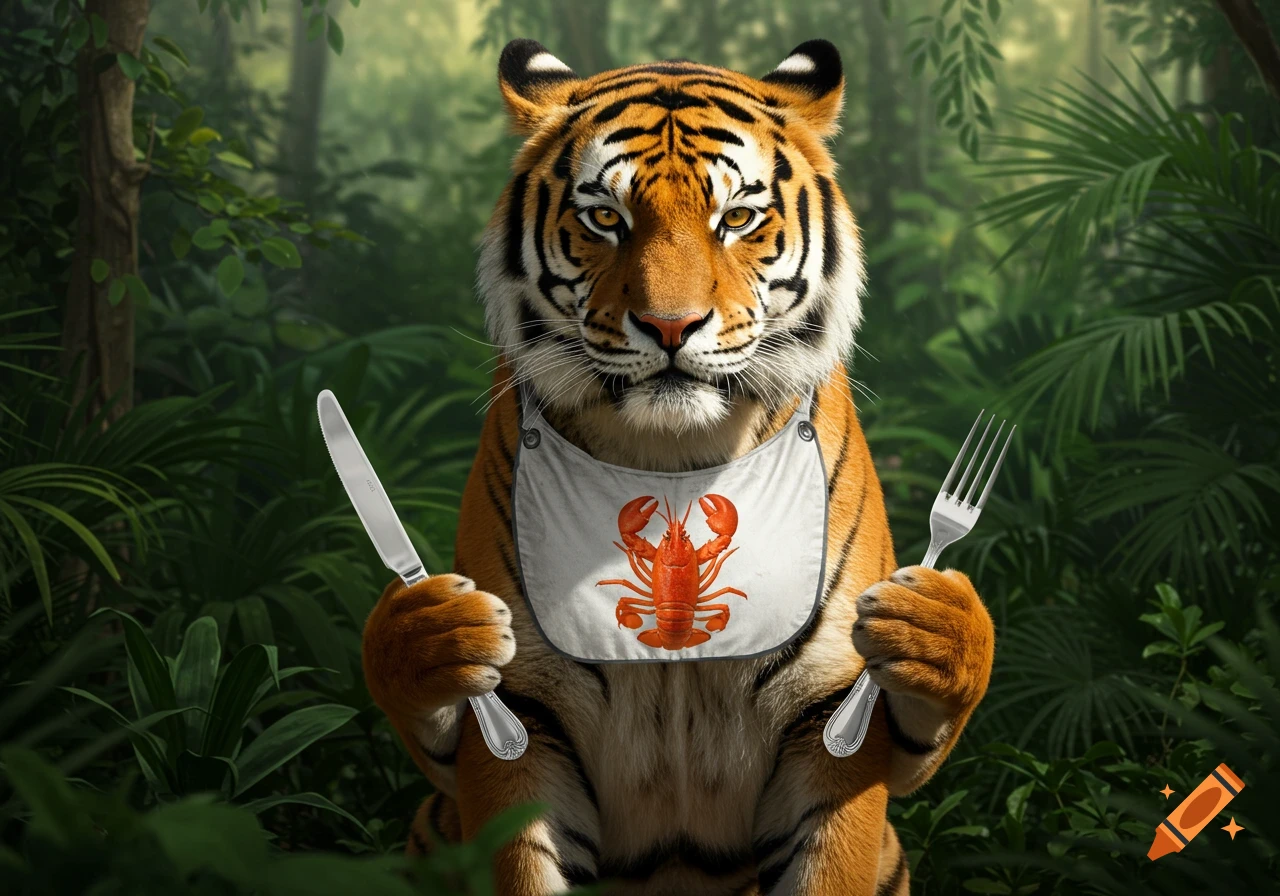 Photorealistic tiger in a jungle wears a lobster bib and holds a knife and fork.