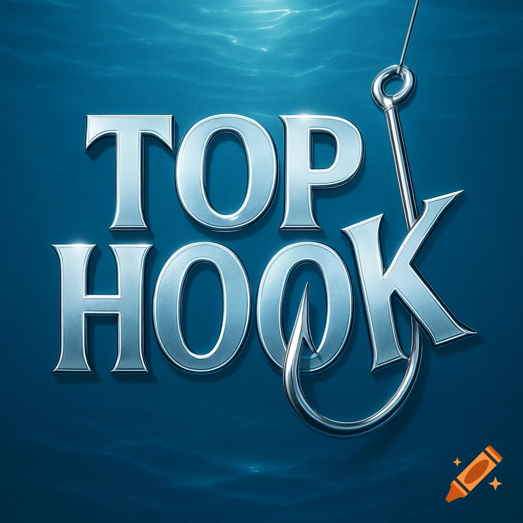 Silver metallic text 'TOP HOOK' on a blue underwater background, with a fishing hook integrated into the letter 'K'.