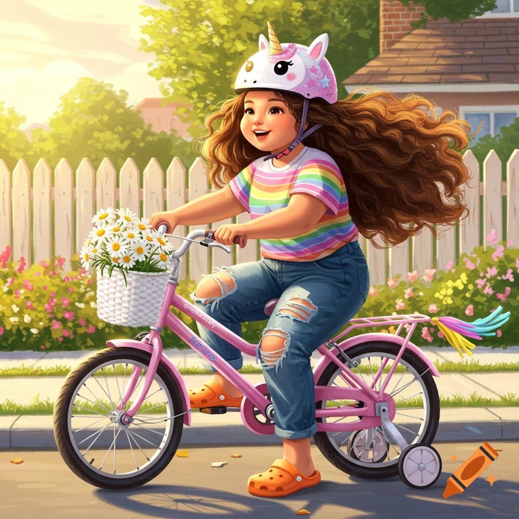 A chubby girl with long brown curly hair, wearing a rainbow shirt, ripped jeans, and a unicorn helmet, rides a pink bicycle with a flower basket on a sunny street.