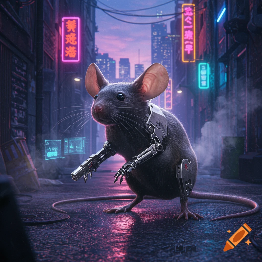 A cybernetic mouse with metal arms stands on a wet street in a cyberpunk city alley with neon signs.