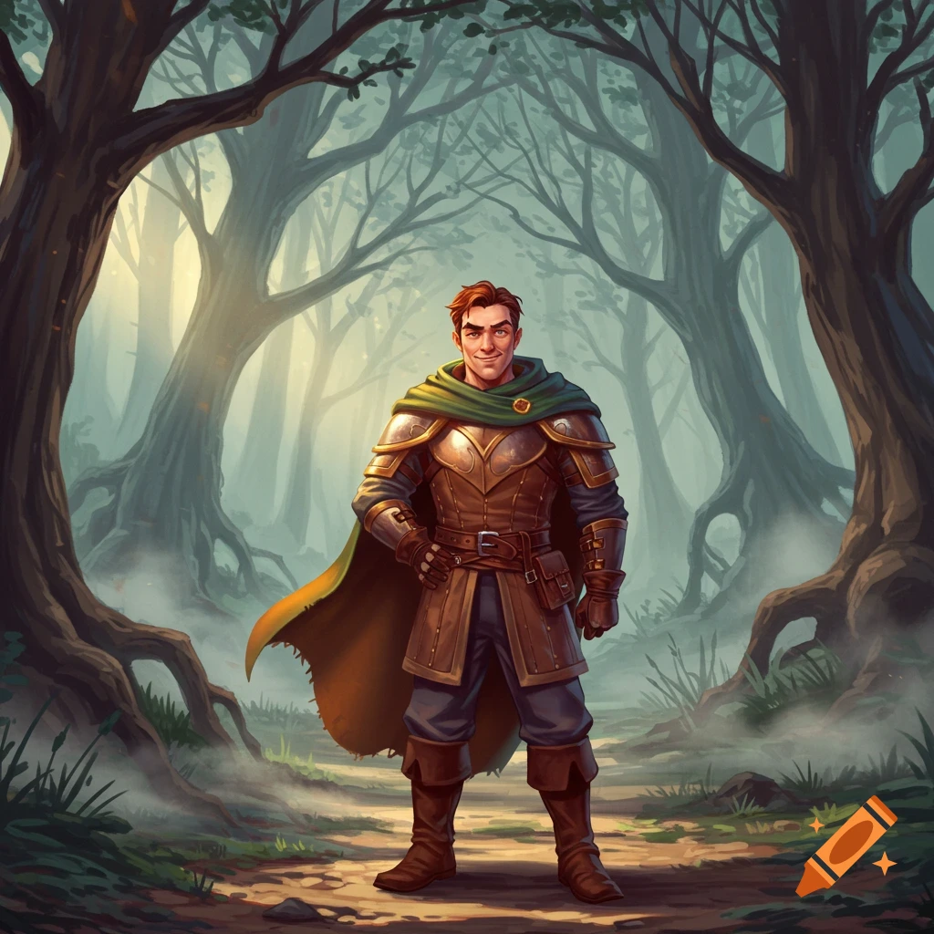 A confident male character in brown leather armor and green cape stands in a misty, enchanted forest.