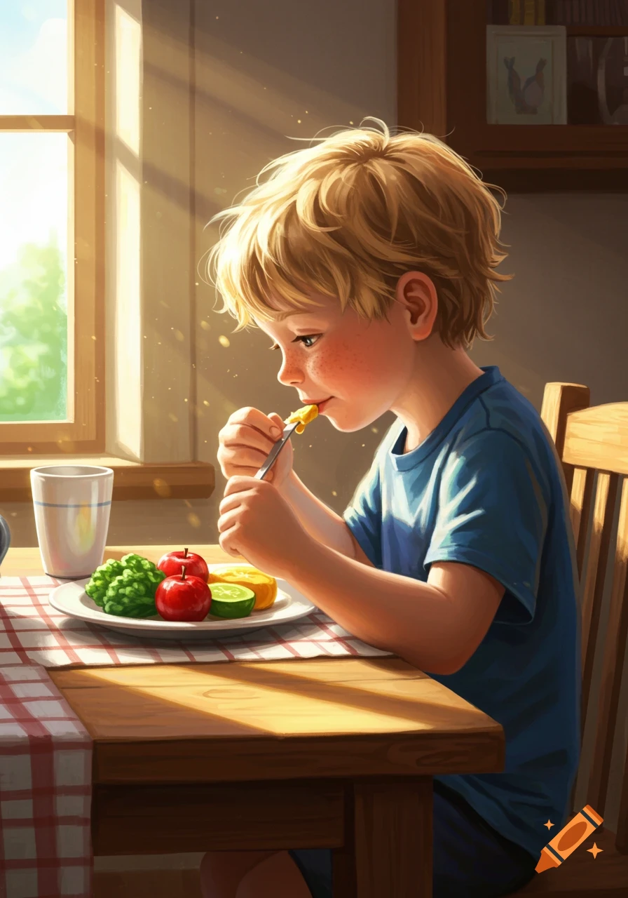 A young blonde boy with freckles sits at a wooden table, eating fruit and vegetables from a plate in a sunlit room.