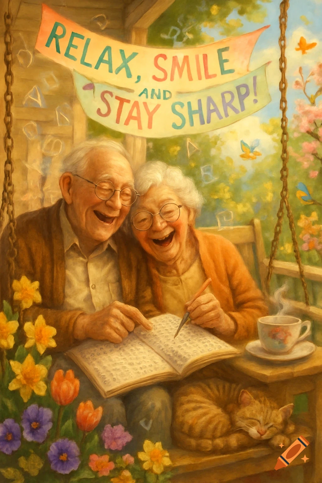 Smiling elderly couple on a porch swing solving a word search, with a cat, flowers, and a banner reading 'Relax, Smile, and Stay Sharp!' in an illustrative style.