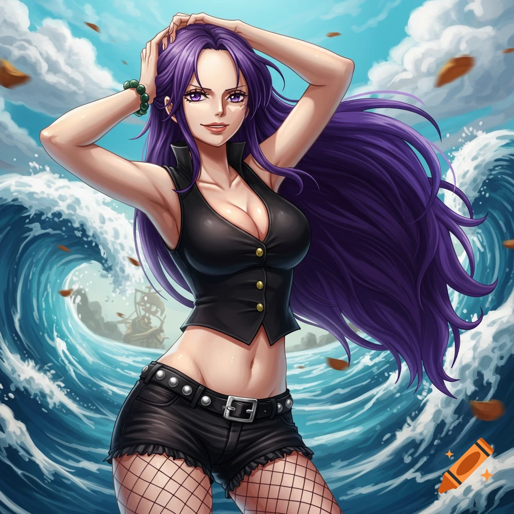 An anime woman with long purple hair and purple eyes, wearing a black vest top, black shorts, and fishnet stockings, stands in front of large ocean waves with a distant ship.