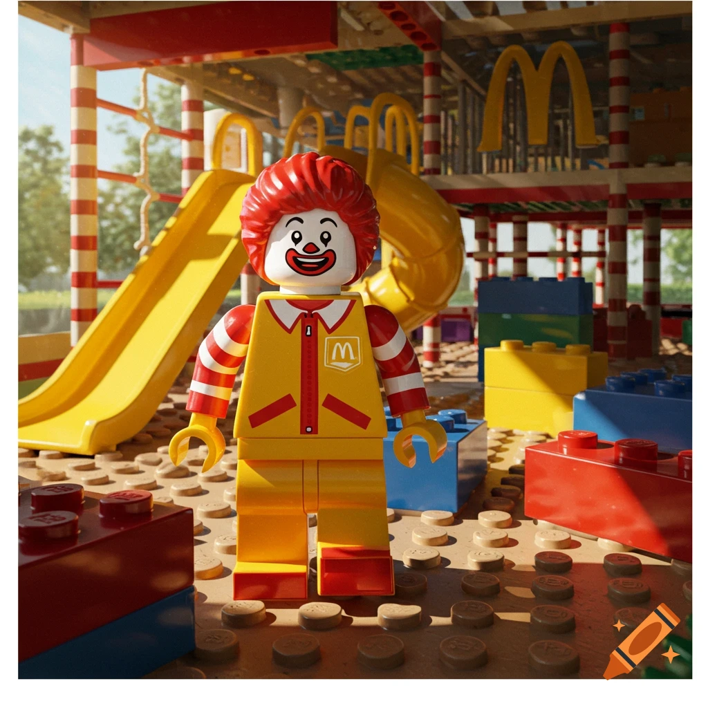 A photorealistic LEGO minifigure of Ronald McDonald stands in a LEGO McDonald's playground.