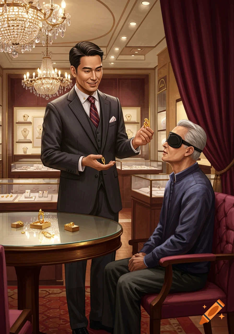 A smiling male salesperson shows golden jewelry to a blindfolded man seated in a luxurious jewelry store.