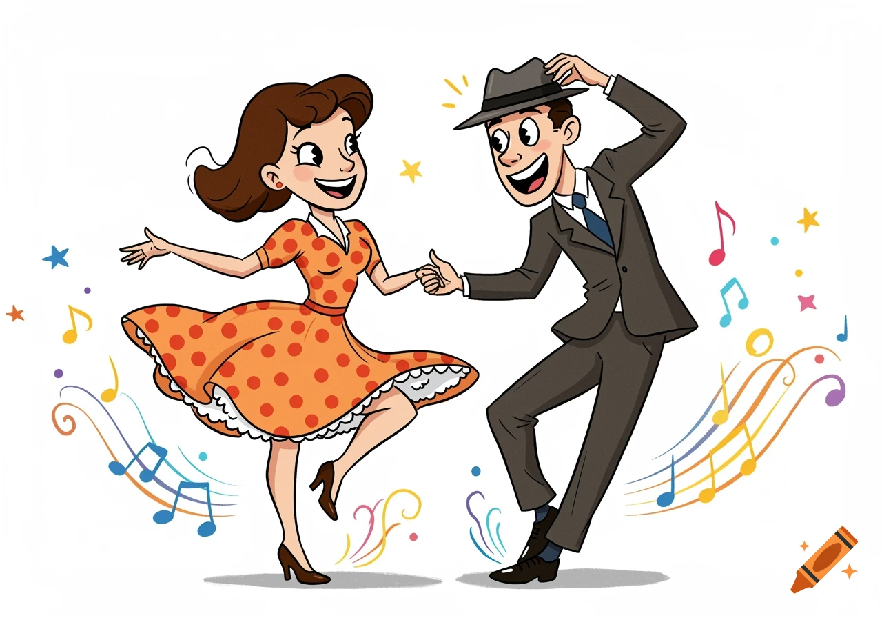 A cartoon illustration of a happy couple dancing, surrounded by colorful musical notes.