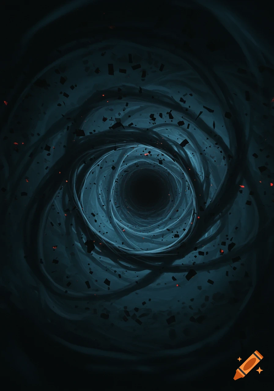 Dark blue and black swirling vortex with scattered red and black debris, suggesting a deep descent.