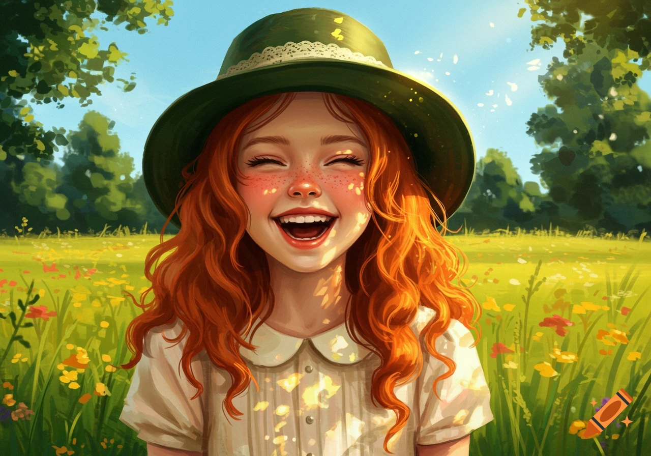 An illustration of a smiling girl with long red hair and a green hat standing in a sunny field of wildflowers.
