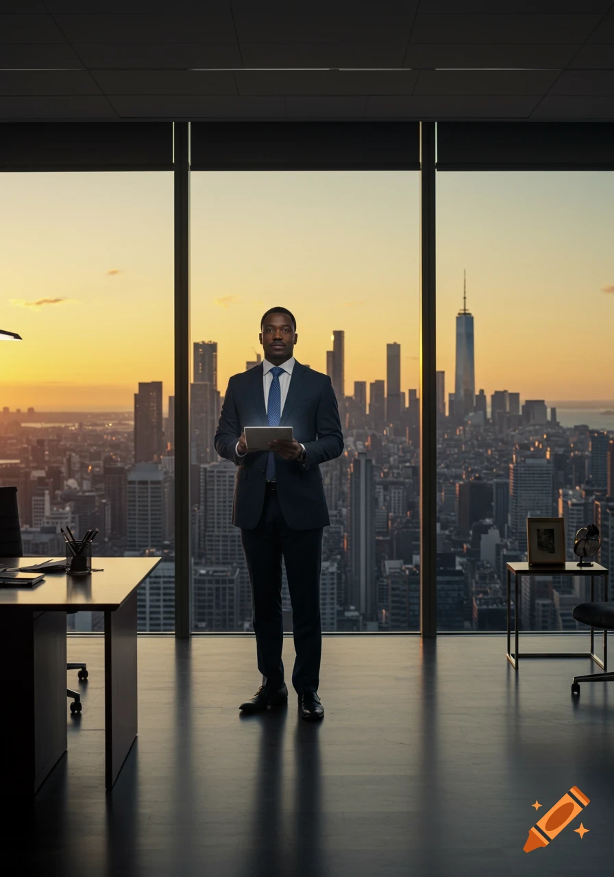 A man in a suit holding a tablet stands in a modern office overlooking a city skyline at sunset. Photorealistic.