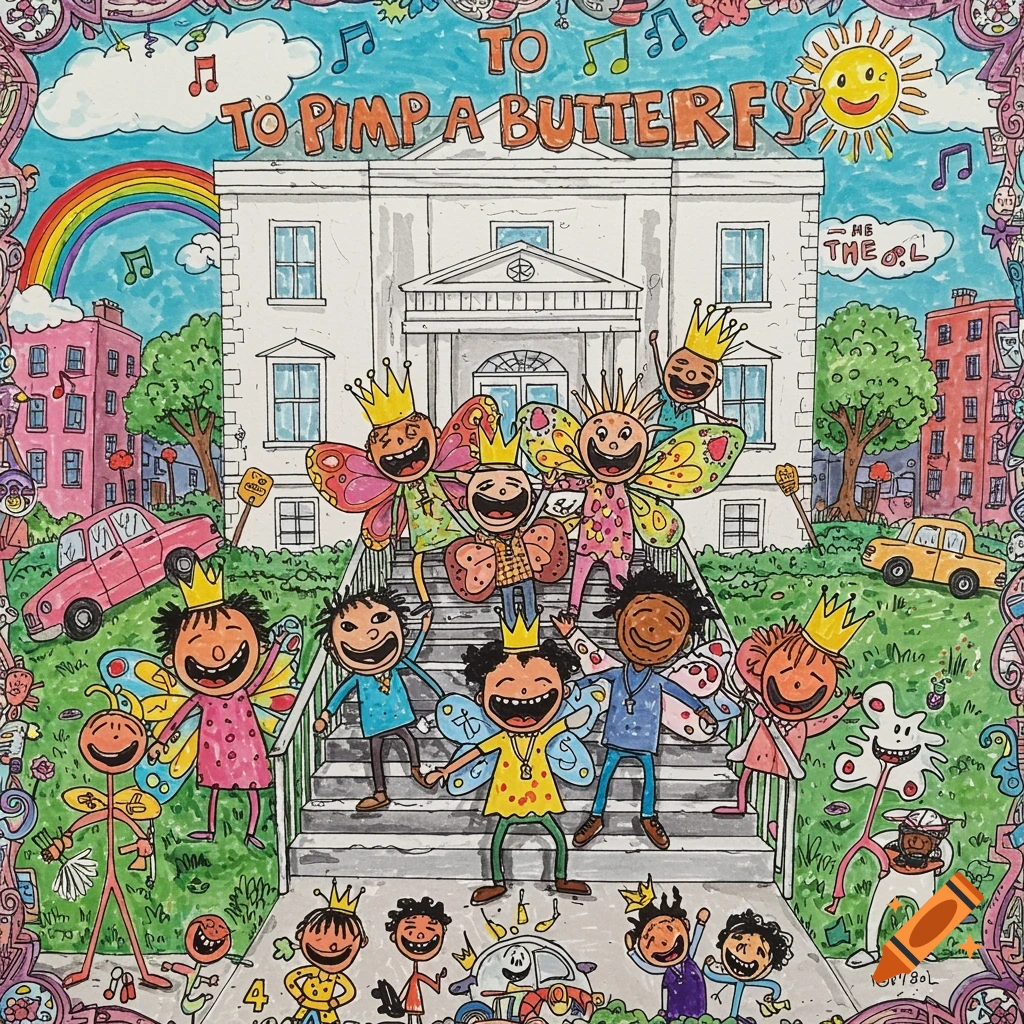 Colorful childlike drawing of smiling characters with wings and crowns on steps of the White House. Text reads 'To Pimp A Butterfly'.
