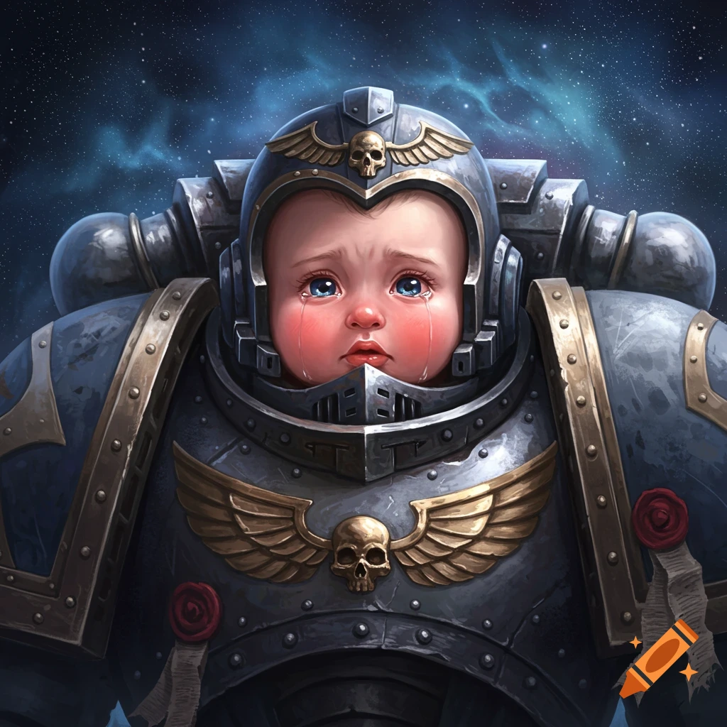 A crying baby's face peeking out of a large, dark grey Space Marine armor, set against a starry cosmic background.