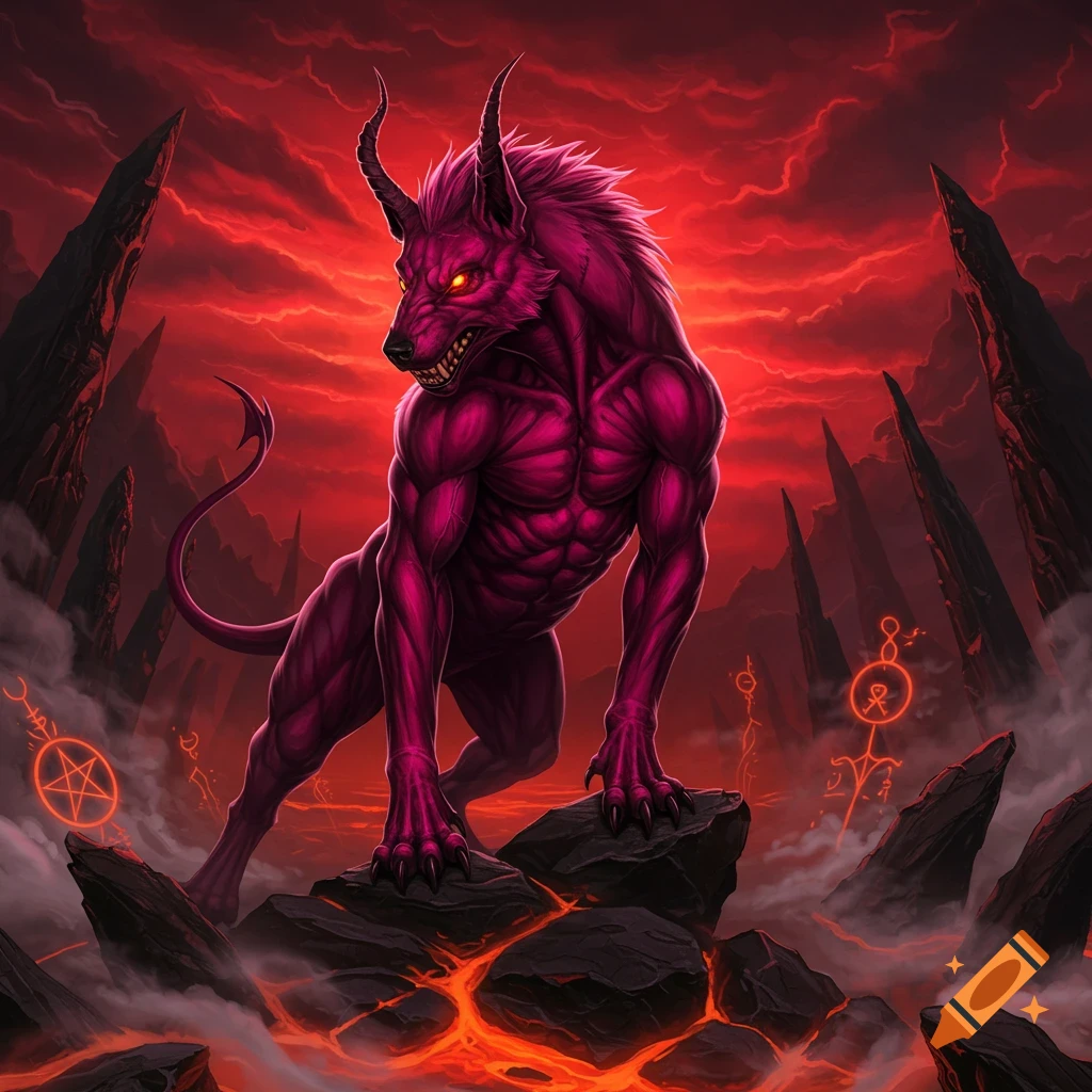 A muscular, pinkish-purple hellhound with glowing red eyes and horns stands on jagged rocks over lava, under a fiery red sky, with occult symbols in the background.