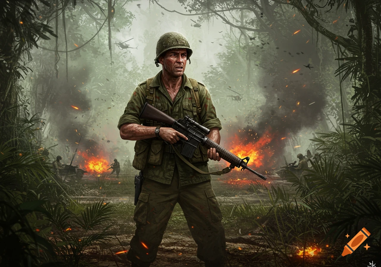 A determined soldier stands in a smoky jungle battlefield with explosions and helicopters in the background.