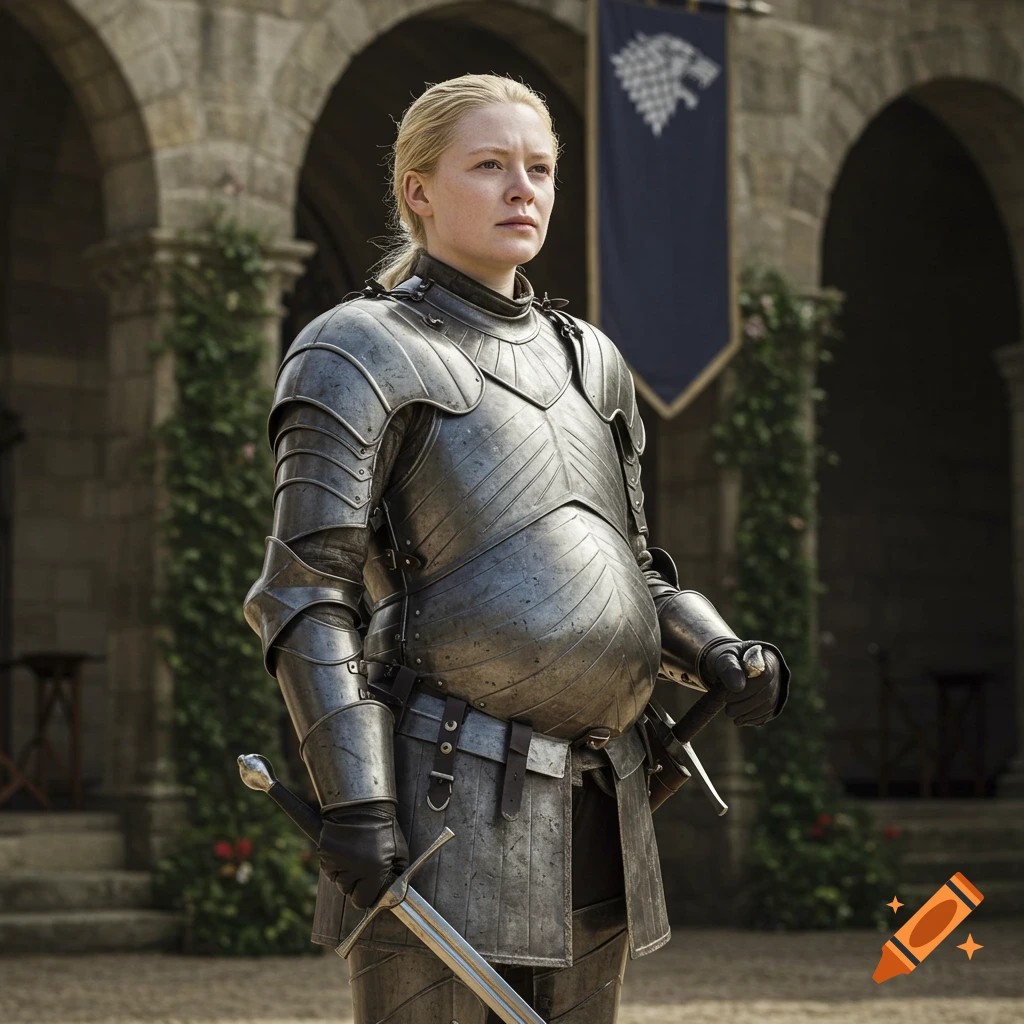 A blonde woman in full silver armor with a pregnant belly stands in a castle courtyard, holding a sword. A banner with a wolf sigil hangs behind her.