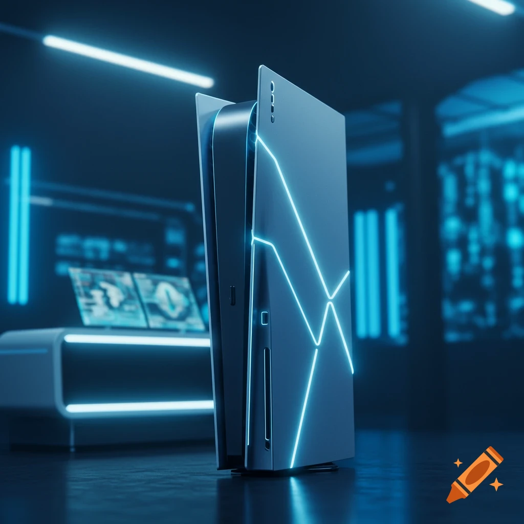 A futuristic gaming console with blue neon lights standing in a dark, tech-themed room with glowing screens in the background.