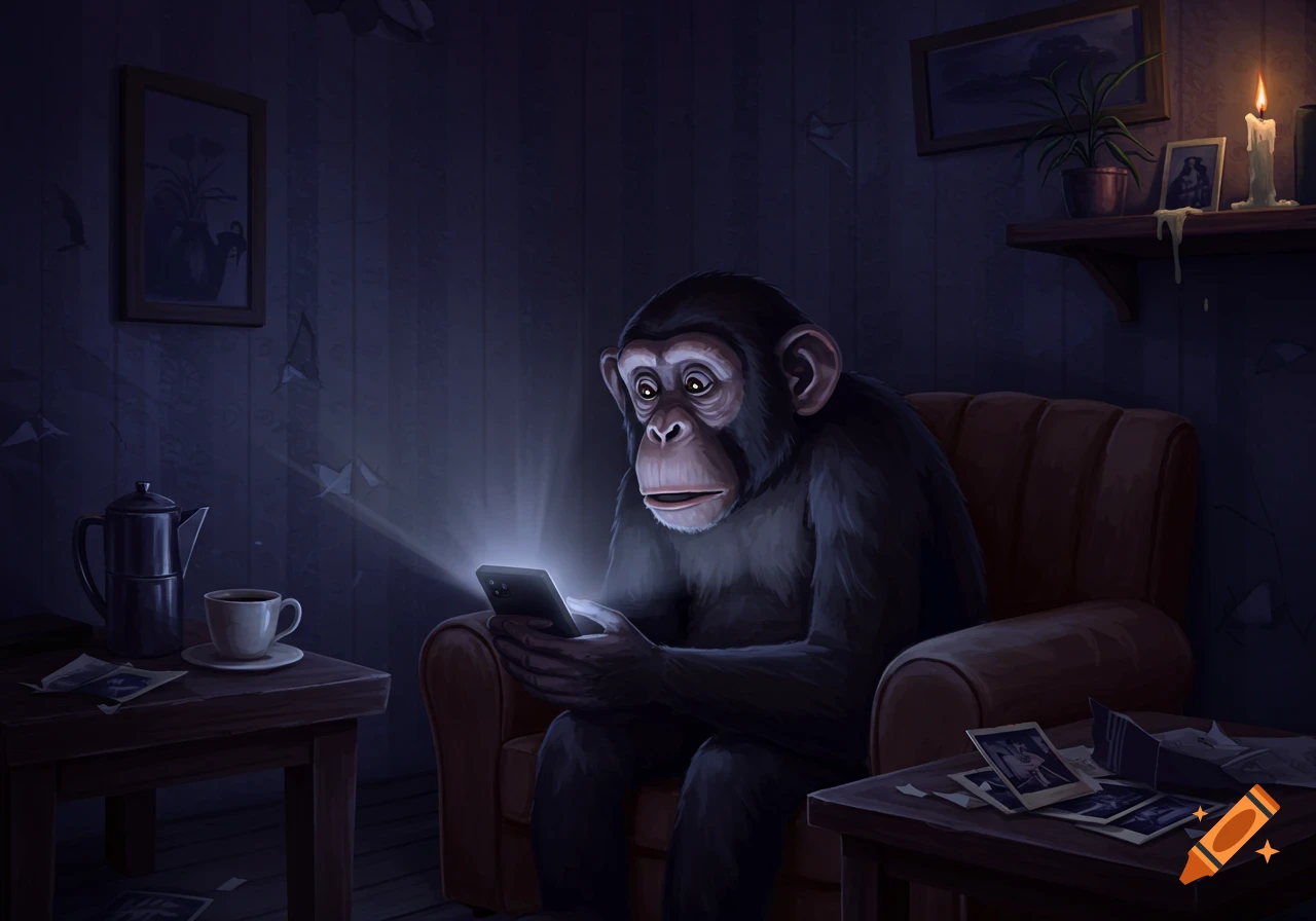 A digitally illustrated chimpanzee sits in a dark room, staring at a glowing smartphone with a look of surprise or disgust.
