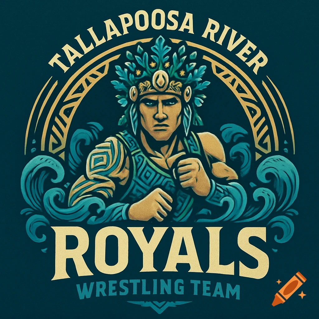 Logo for Tallapoosa River Royals Wrestling Team featuring a stylized, stern-faced male figure in a headdress, surrounded by waves and tribal patterns.