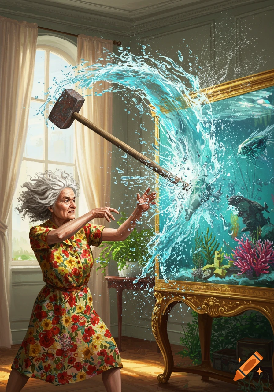 An old woman throws a sledgehammer at an ornate aquarium, sending water and fish splashing into a brightly lit room.