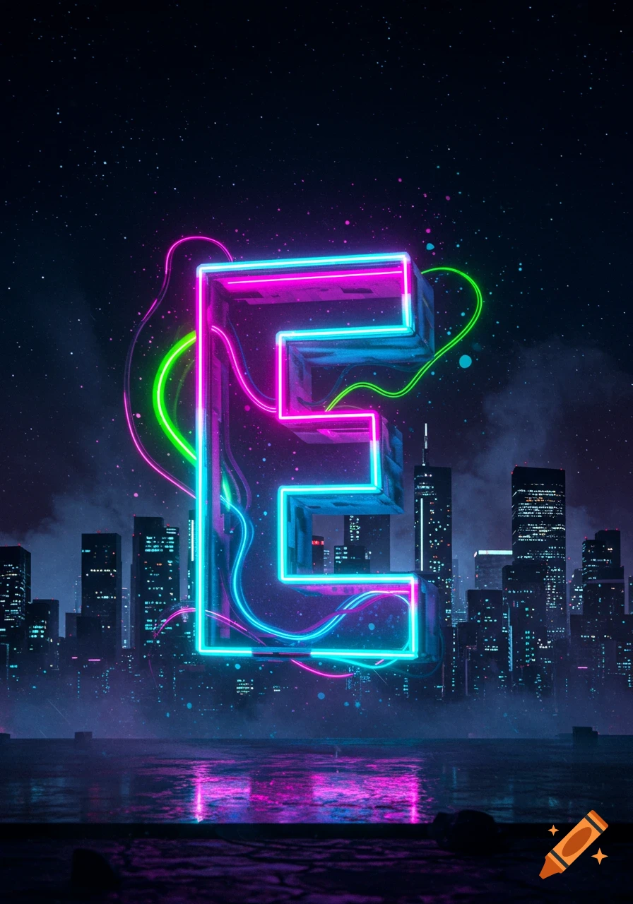 A large, glowing neon letter E stands in front of a futuristic city skyline at night.