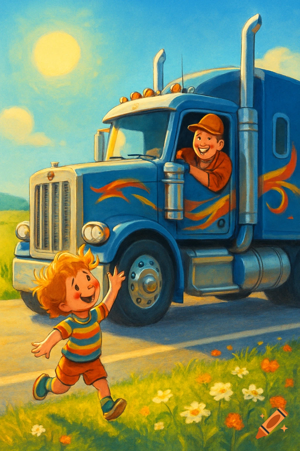 Children's book illustration of a smiling child running towards a blue semi-truck with a happy driver, on a sunny day.