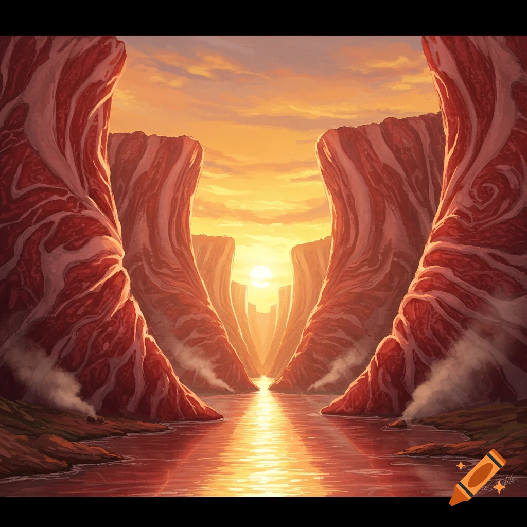 A surreal landscape featuring a canyon with raw meat walls and a river reflecting a glowing sunset.