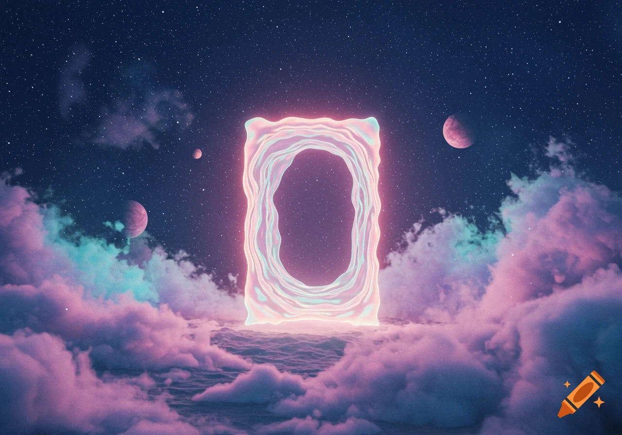 A glowing, wavy portal stands on a cloudy surface under a starry night sky with planets, in a soft, surreal style.
