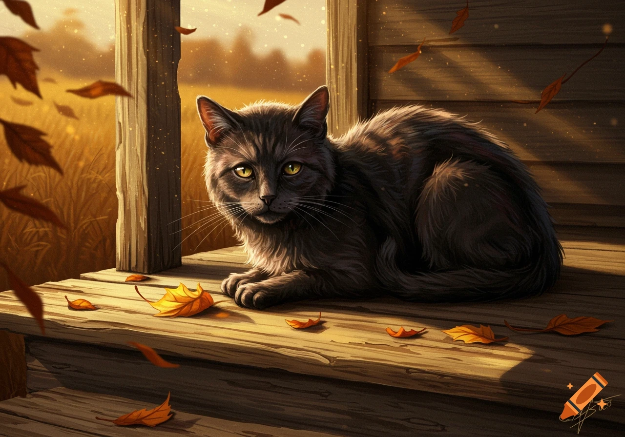 A fluffy grey cat with yellow eyes lies on a wooden porch covered in autumn leaves, bathed in golden sunlight.