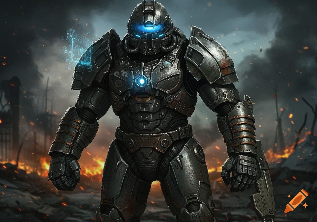 A detailed, imposing sci-fi soldier in power armor stands in a destroyed, burning landscape.