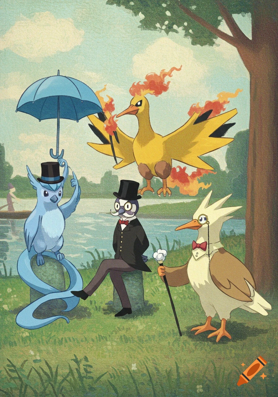 Galarian Articuno, Moltres, and Zapdos in formal attire by a lake, in an illustrated classical painting style.