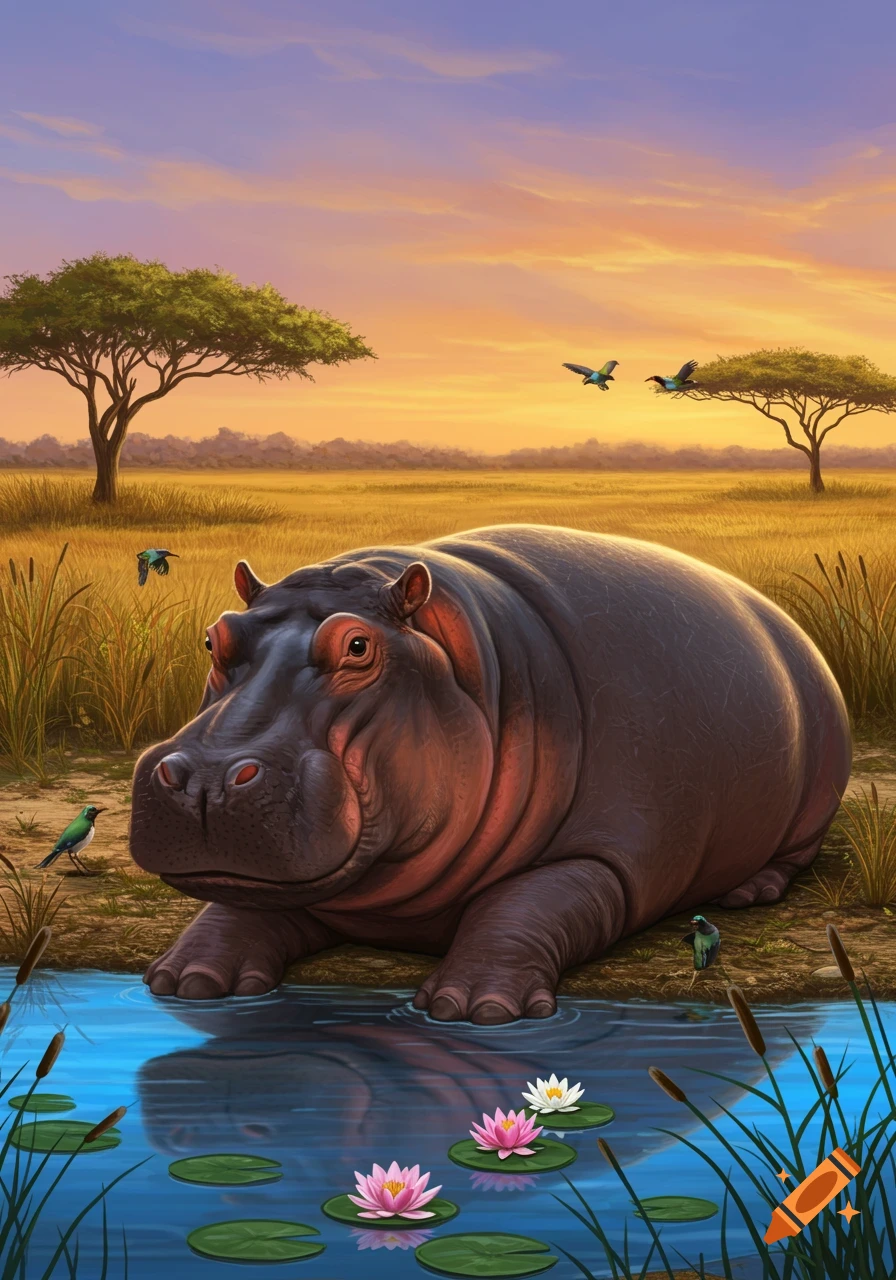A large hippo rests by a river with water lilies at sunset in a savanna, with acacia trees and birds in the background.