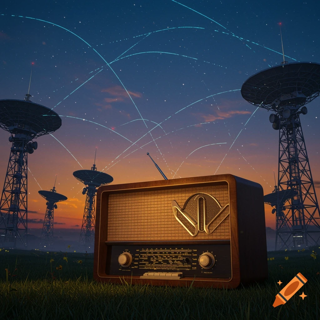 A vintage wooden radio sits in a grassy field, surrounded by large satellite dishes under a starry, twilight sky with blue light trails.