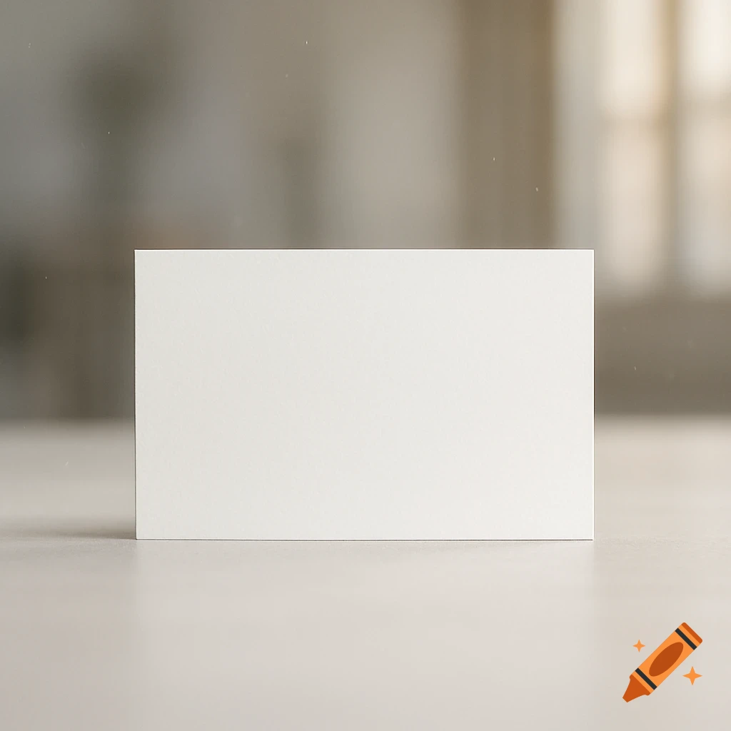 A blank white business card stands upright on a light surface with a blurred background.