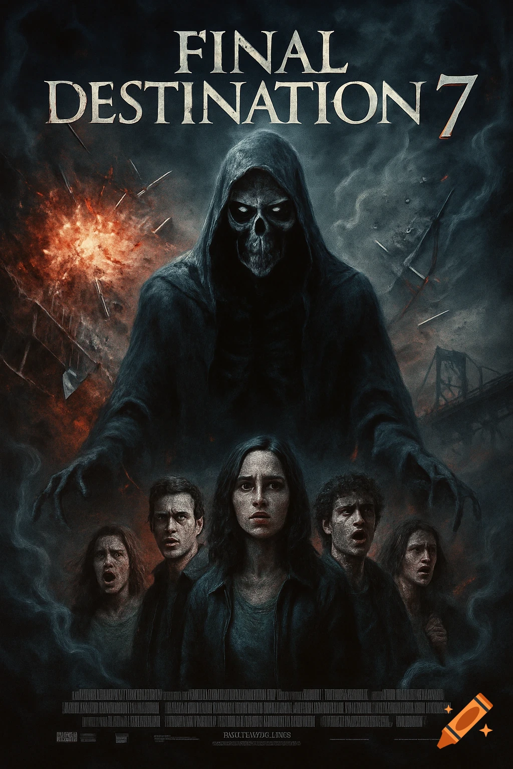 A dark, ominous movie poster for "Final Destination 7" showing a skeletal grim reaper figure towering over five frightened people with explosions and a destroyed bridge in the background.