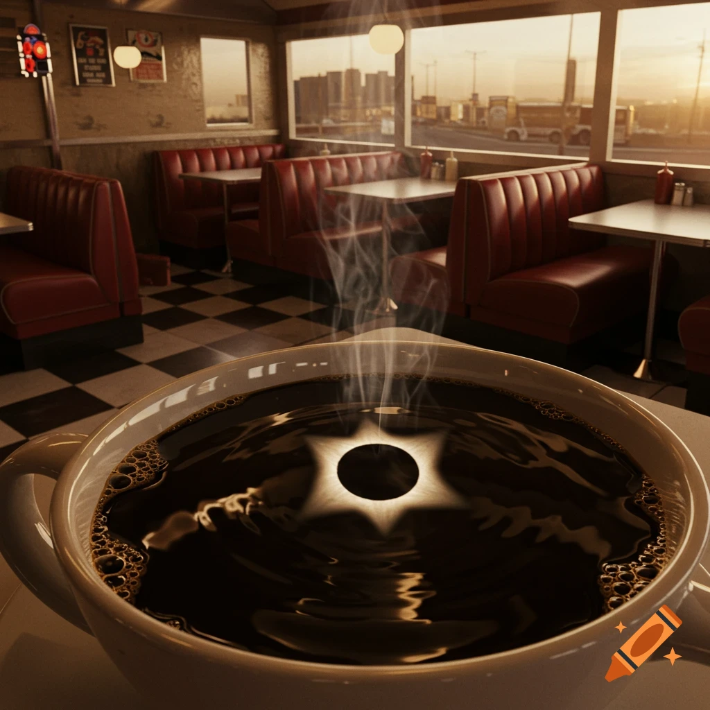 A photorealistic image of a solar eclipse reflecting in a steaming cup of coffee inside an American diner with red booths.